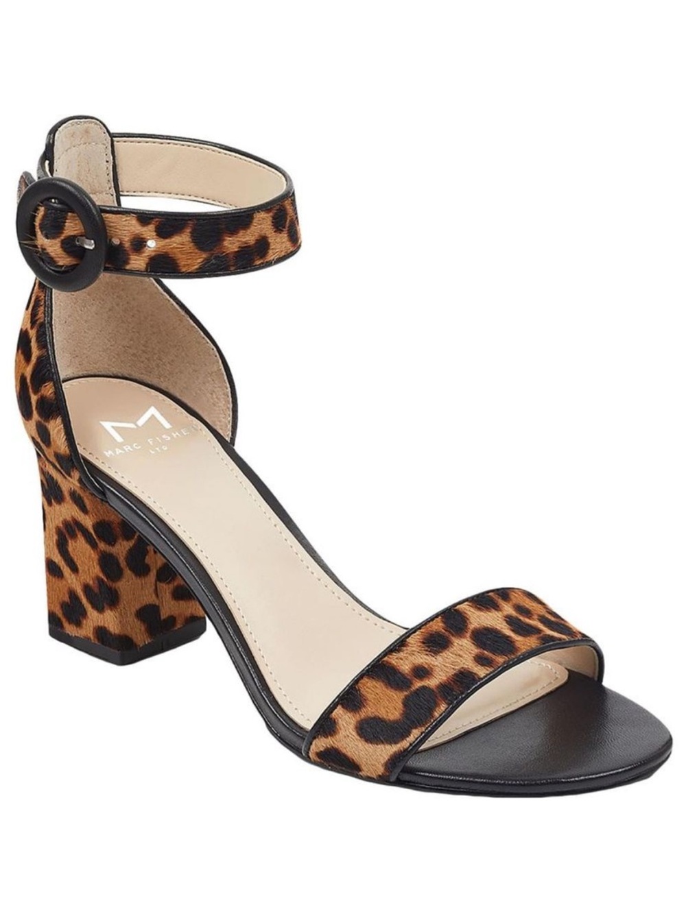 Marc Fisher Karleely Tan Calf Hair Open Toe Heel Sandals Leopard Shoes‎ Size 7.5